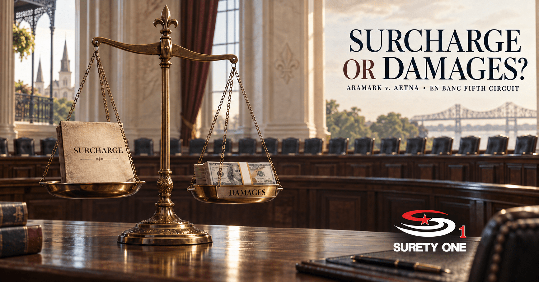 ERISA equitable relief in Aramark v. Aetna, scales weighing surcharge against damages before the en banc Fifth Circuit