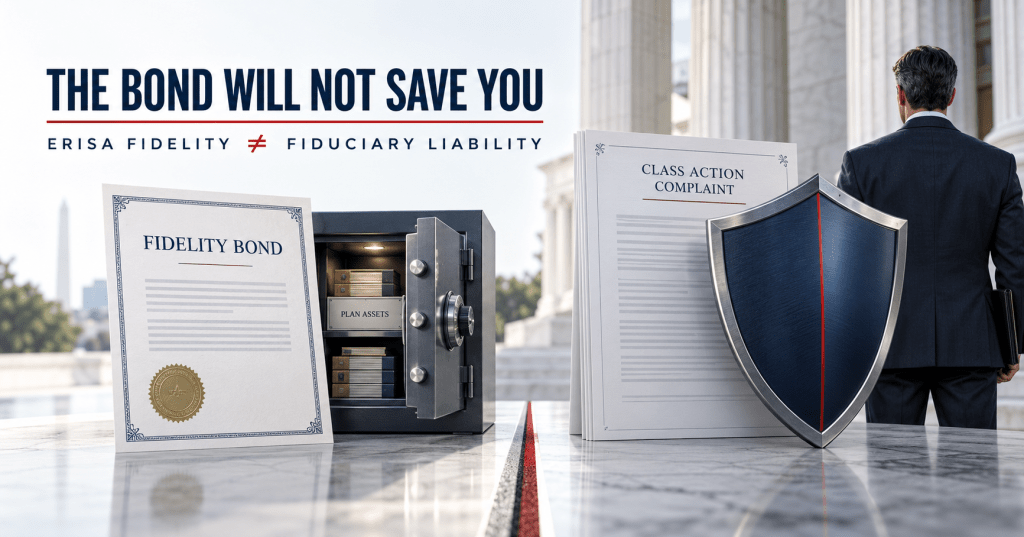 ERISA fidelity bond versus fiduciary liability insurance: bond and vault beside a class action complaint and shield