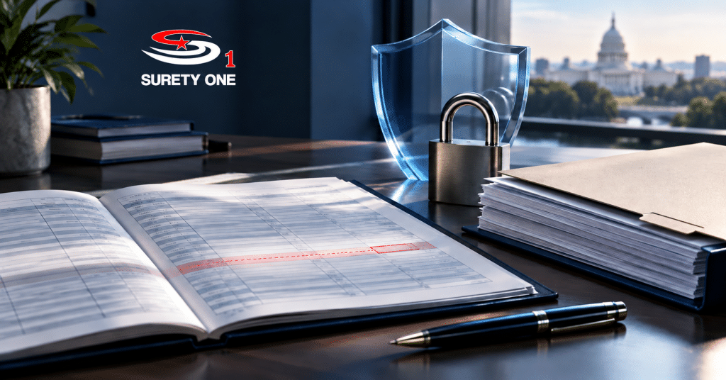 ERISA bond coverage for unremitted 401(k) deferrals, payroll ledger with flagged entry beside a padlock and shield