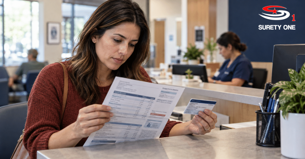ERISA bond welfare plan coverage, employee reviewing a medical bill and insurance card after withheld health premiums
