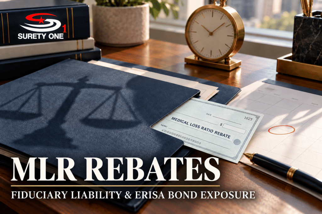 Medical loss ratio rebate check on a desk beside a calendar with December 30 circled and the shadow of the scales of justice, illustrating MLR rebate fiduciary liability and ERISA bond exposure for fully insured