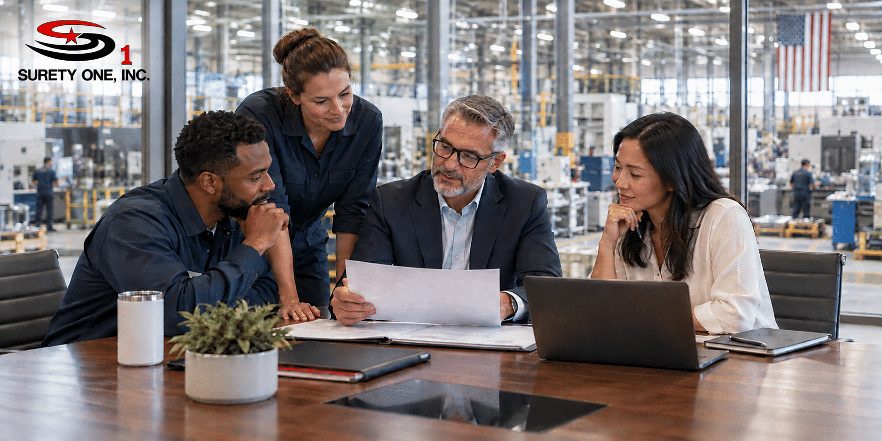 Four ESOP company employees reviewing an ESOP ERISA bond and fiduciary liability coverage with a Surety One underwriter in a manufacturing plant conference room